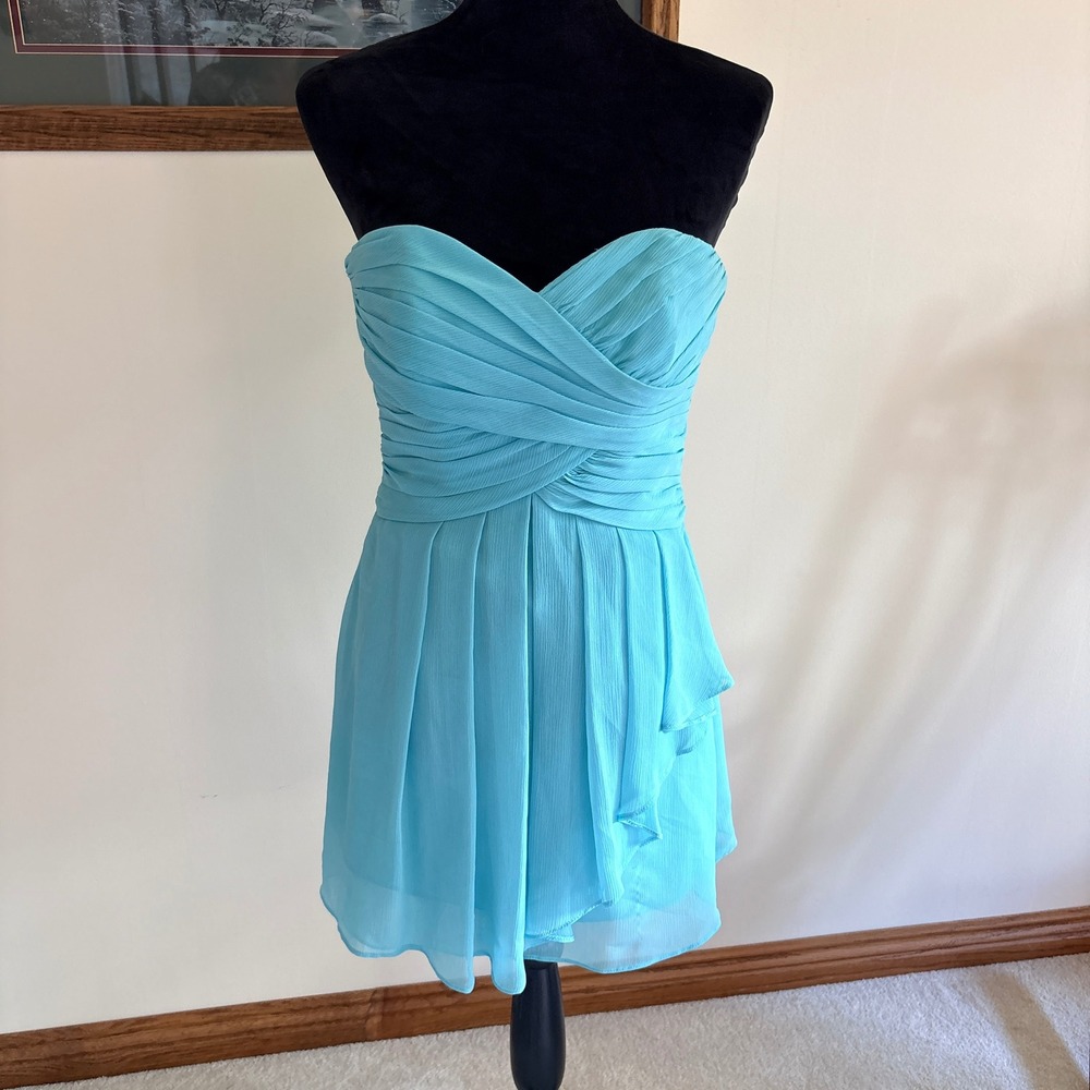 David's Bridal Chiffon Cocktail Dress Womens 4 Aqua Blue Strapless Prom‎ Party